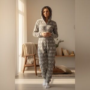 Women Medium (8-10) Gray White Holiday Time Hoodie Plush Body Suit Pajama Onesie